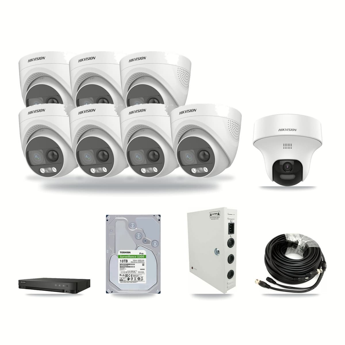 Hikvision 8-channel CCTV kit: 8 cameras (7× 5MP Turret DS-2CE72KF3T + 1× 5MP Turret DS-2CE70K0T), 10TB hard drive
