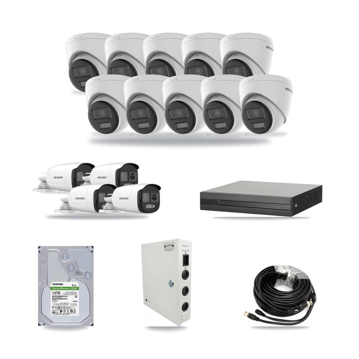 16-channel CCTV kit: 14 cameras (10× 5MP Turret + 4× 5MP Bullet), 10TB hard drive
