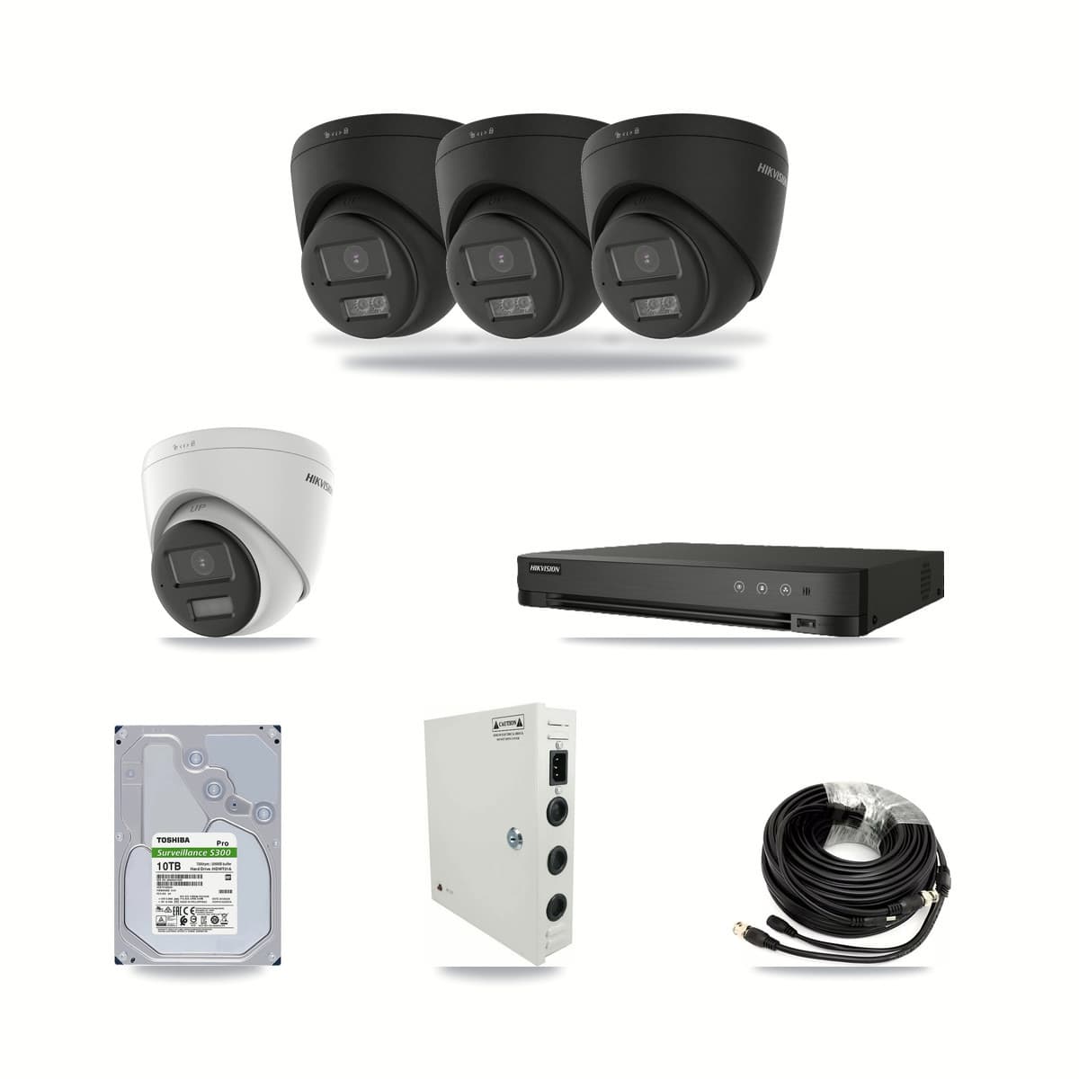 Hikvision 8-channel CCTV kit: 4 cameras (3× 4K Turret DS-2CE78U0T-LTS-BLACK + 1× 4K Turret DS-2CE78U0T-LPTS), 10TB hard drive