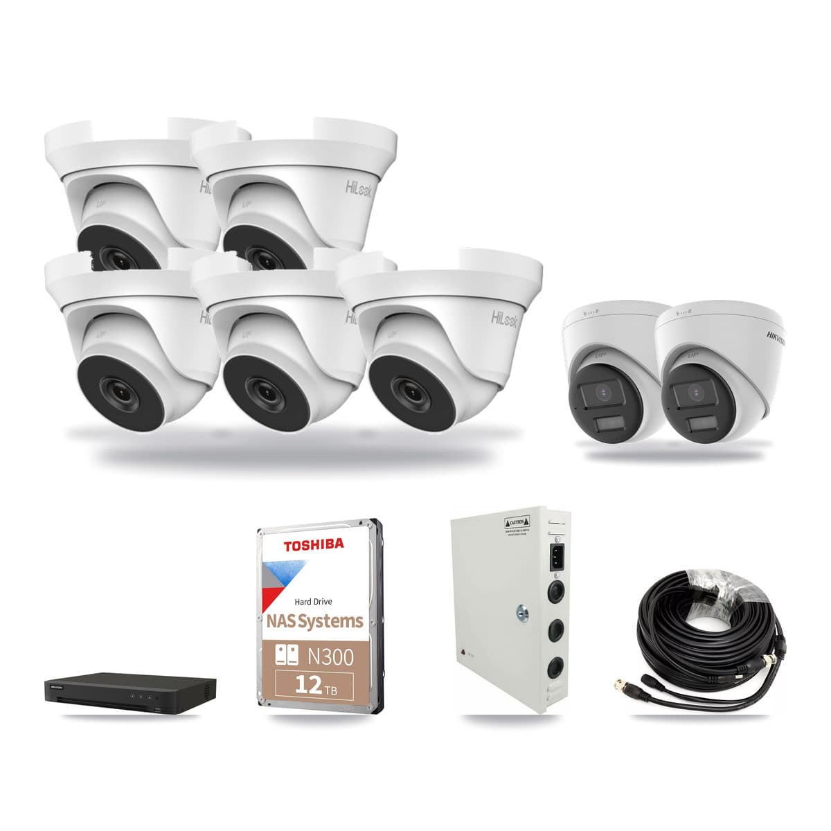 Hikvision 8-channel CCTV kit: 7 cameras (5× 4MP Turret + 2× 4K Turret), 12TB hard drive