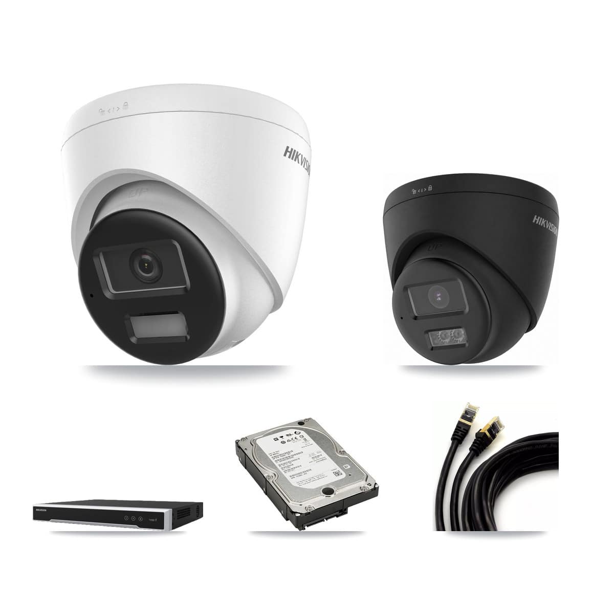 Hikvision 16-channel CCTV kit: 2 cameras (1× 4K Turret DS-2CD1383G2-LIUF/SL + 1× 4K Turret DS-2CD1383G2-LIUF/SL-BLACK), 5TB hard drive