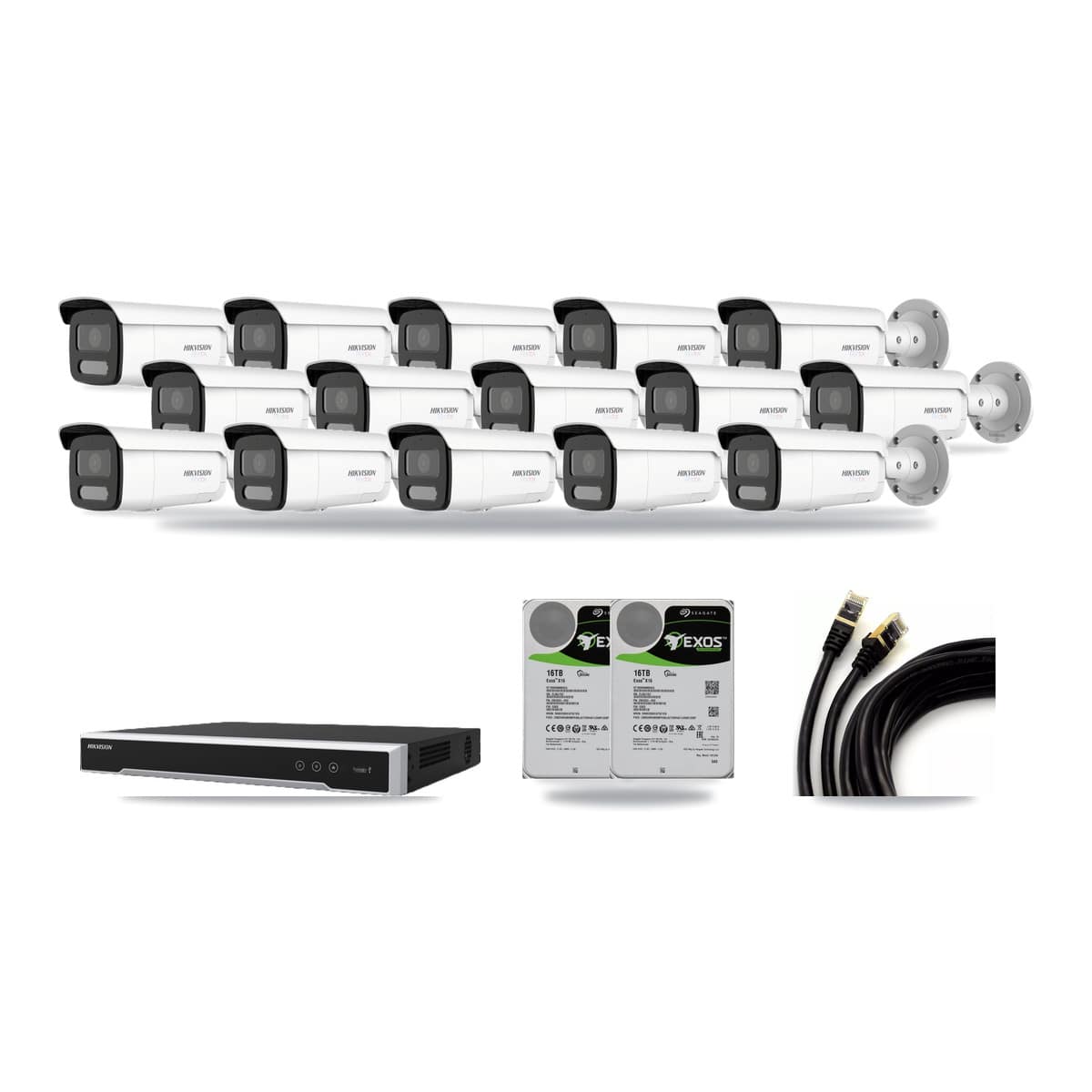 Hikvision 16-channel CCTV kit: 15 cameras (10× 4K Bullet + 5× 4MP Bullet), 2× 16TB hard drive