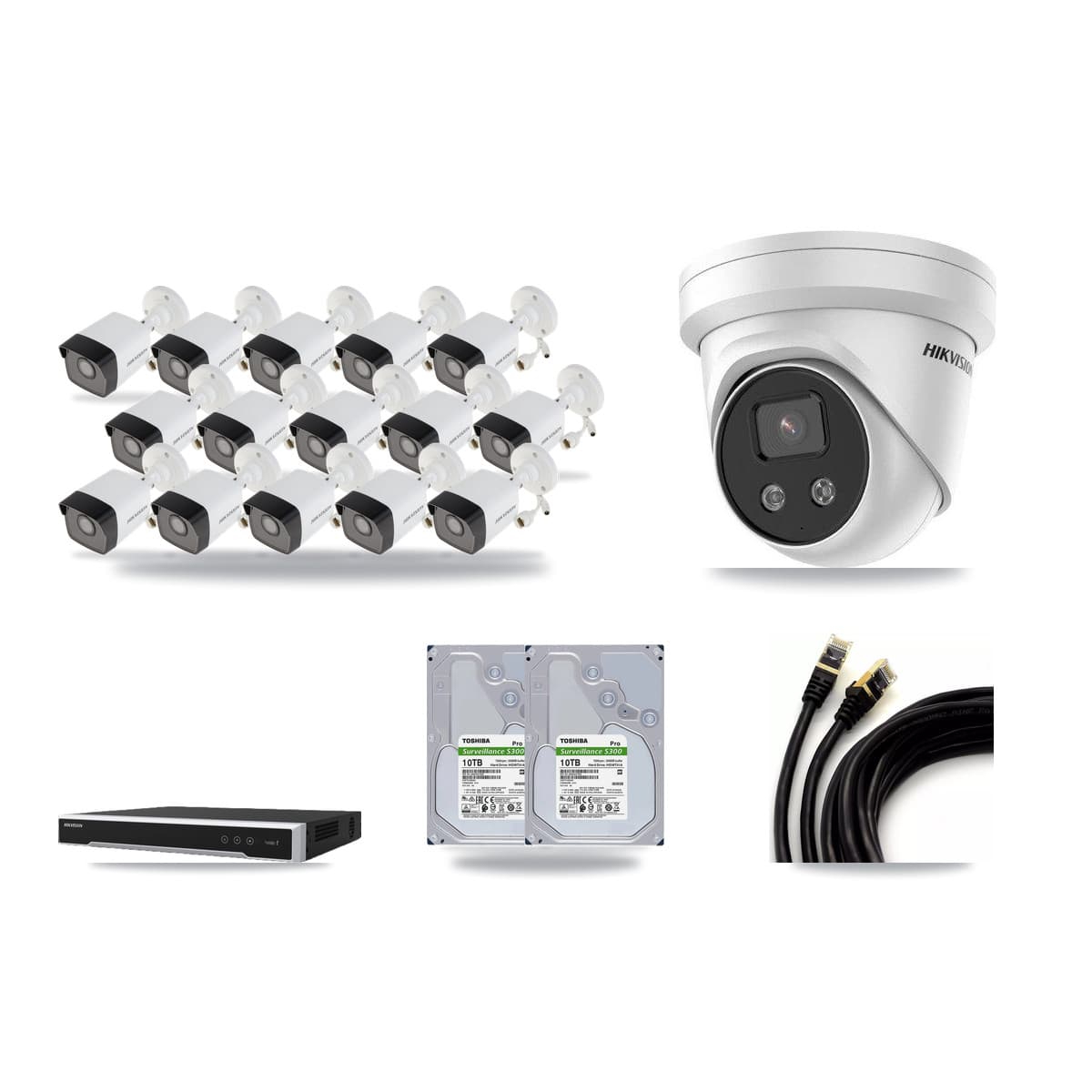 Hikvision 16-channel CCTV kit: 16 cameras (15× 5MP Bullet + 1× 5MP Turret), 2× 10TB hard drive