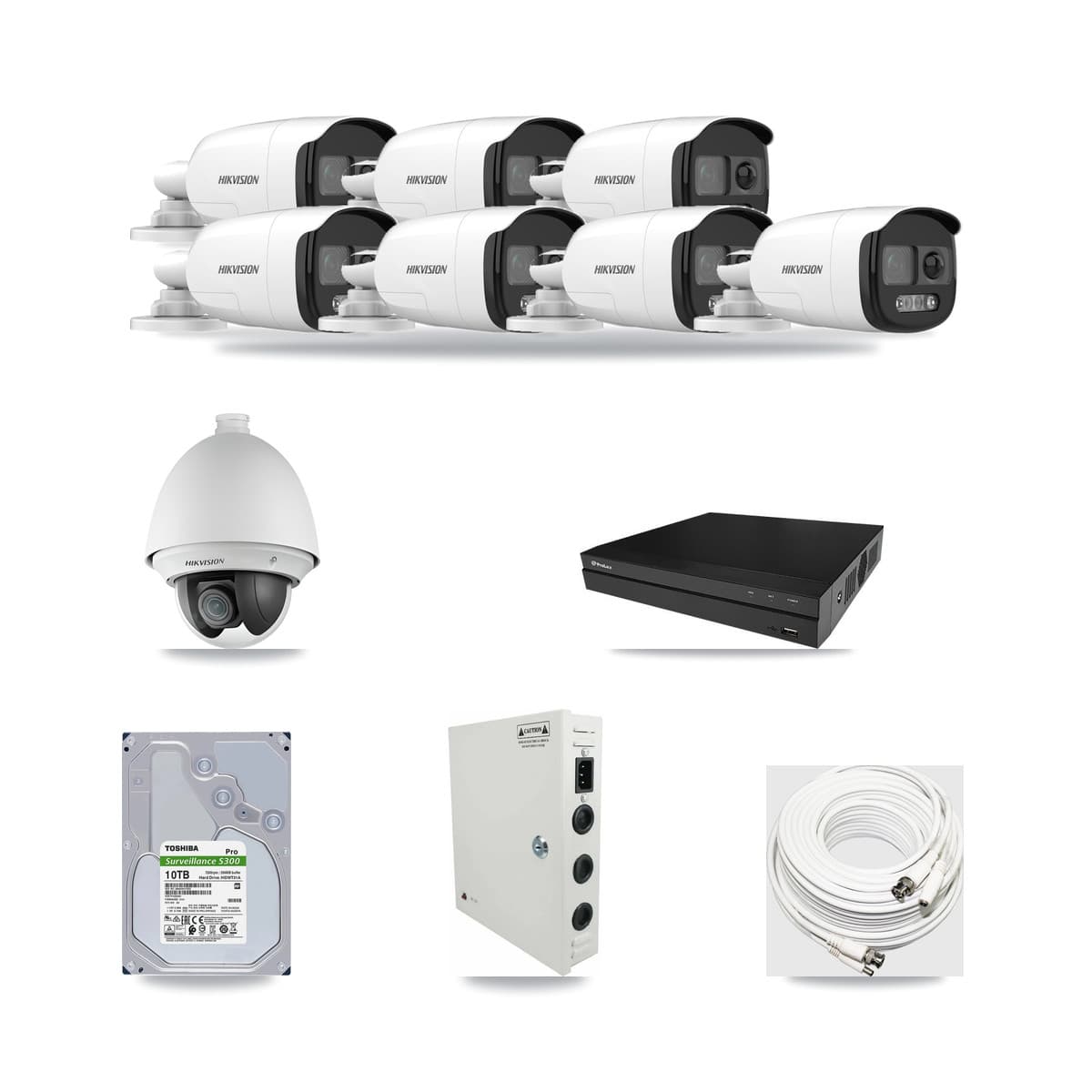 Prolux 8-channel CCTV kit: 8 cameras (7× 5MP Bullet + 1× 2MP PTZ), 10TB hard drive