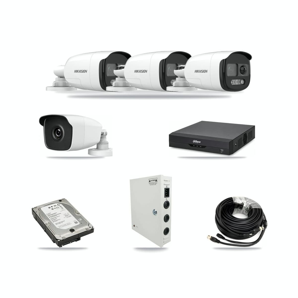 4-Channel 3MP – 5MP CCTV Kit — 3 5MP + 1 3MP Bullet Cameras + 5TB Recording (DH-XVR5104HS Recorder) - Image 1