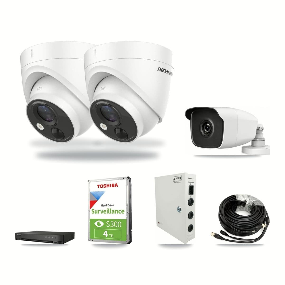 Hikvision & HiLook 4-Channel 3MP – 5MP CCTV Kit — 2 DS-2CE71H0T 5MP Turret + 1 THC-B230-R 3MP Bullet Cameras + 4TB Recording - Image 1