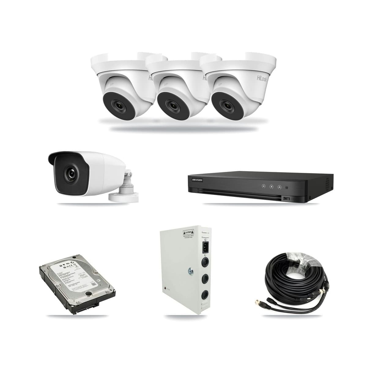 HiLook & Hikvision 4-Channel 3MP – 5MP CCTV Kit — 1 3MP Bullet + 3 5MP Turret Cameras + 5TB Recording (IDS-7204HQHI Recorder) - Image 1