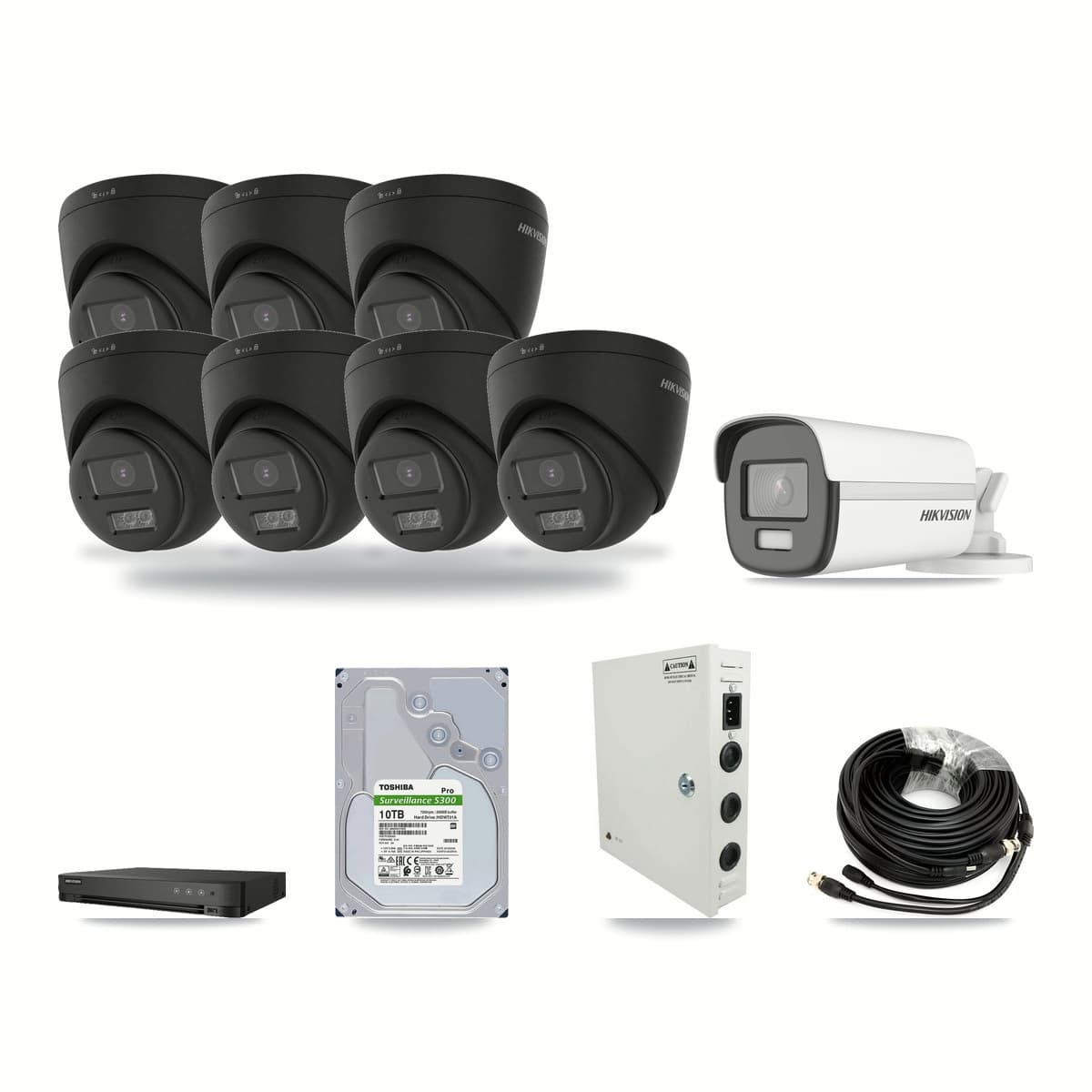 Hikvision 8-channel CCTV kit: 8 cameras (7× 4K Turret + 1× 4K Bullet), 10TB hard drive