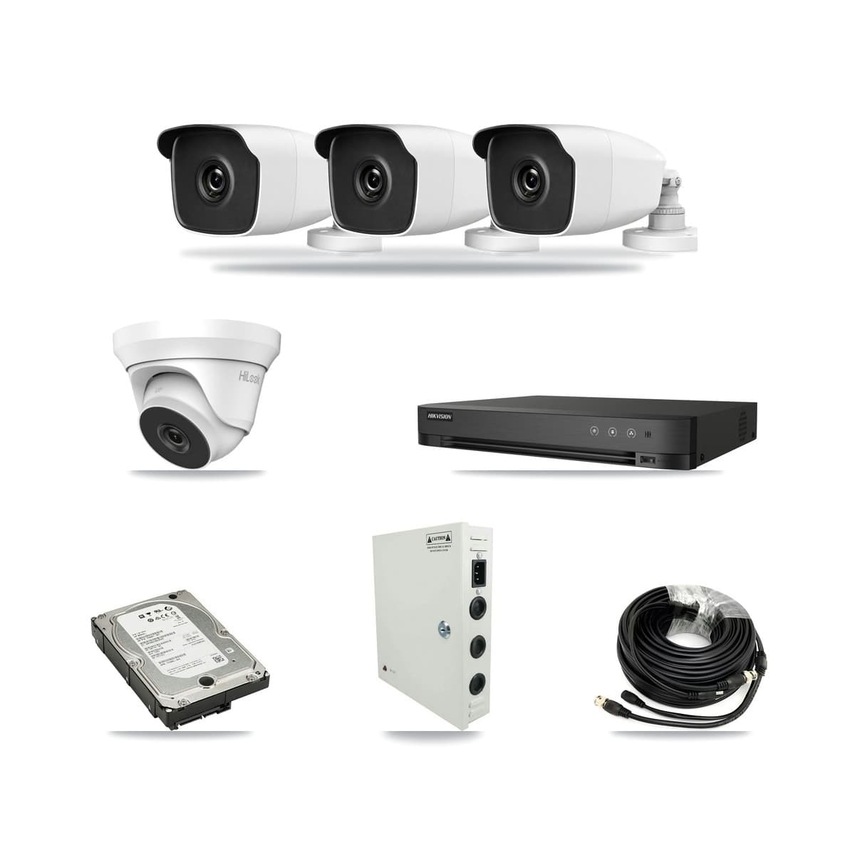 HiLook & Hikvision 4-Channel 3MP – 4MP CCTV Kit — 3 3MP Bullet + 1 4MP Turret Cameras + 5TB Recording (IDS-7204HQHI Recorder) - Image 1