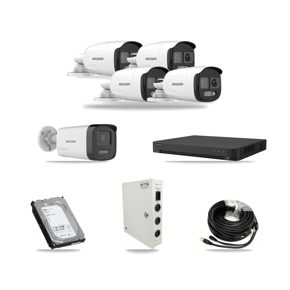 Hikvision 16-channel CCTV kit: 5 cameras (4× 5MP Bullet DS-2CE12KF3T + 1× 5MP Bullet DS-2CE17K0T), 6TB hard drive
