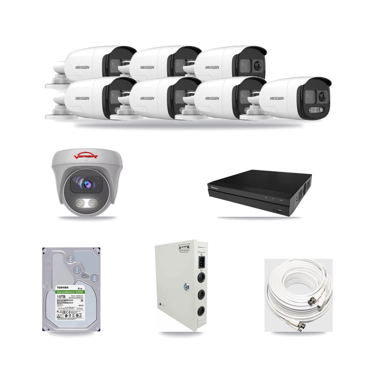 8-Channel 5MP CCTV Kit — 7 DS-2CE12KF3T Bullet + 1 White VIPER-5MP-3K Cameras + 10TB Recording (PXD-5208AN Recorder) - Image 1