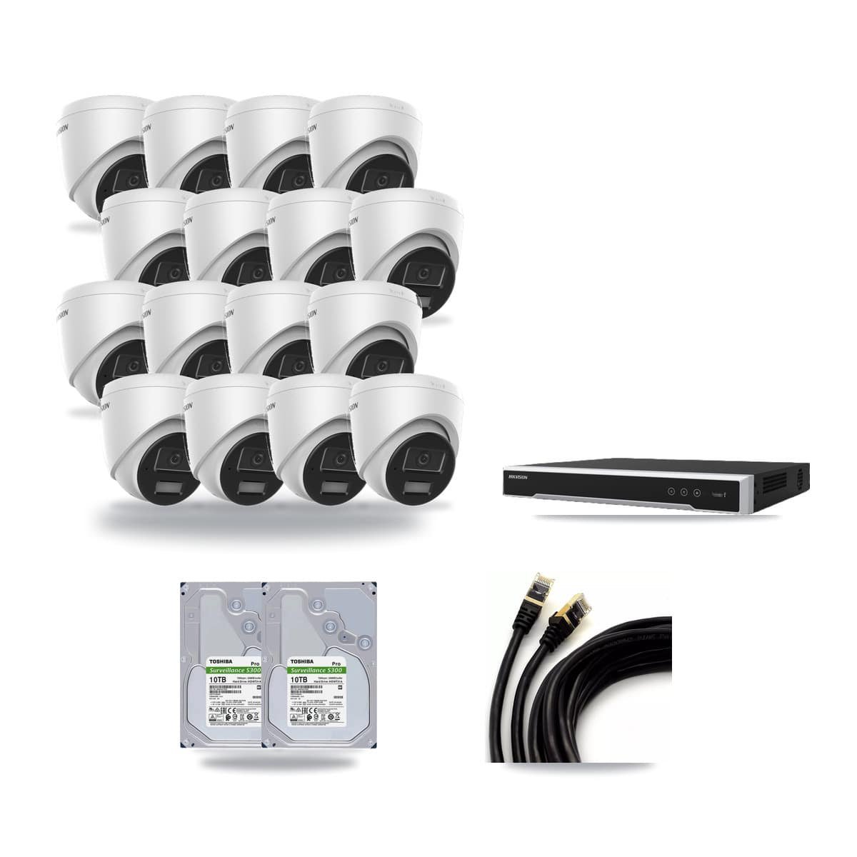 Hikvision 16-channel CCTV kit: 16 cameras (16× 4MP Turret), 2× 10TB hard drive