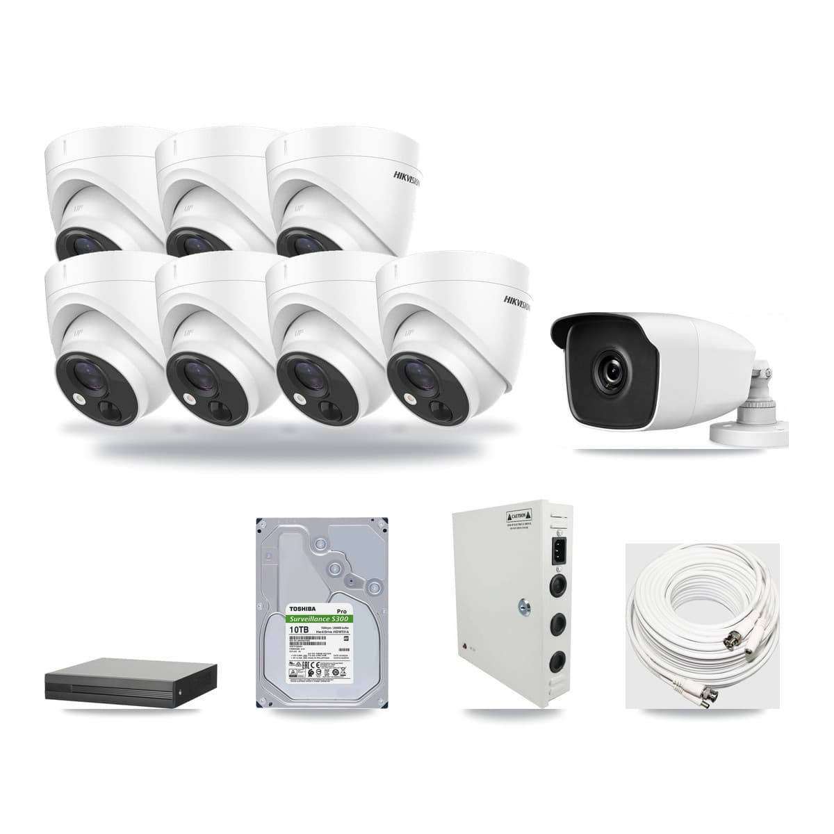8-channel CCTV kit: 8 cameras (7× 5MP Turret + 1× 3MP Bullet), 10TB hard drive