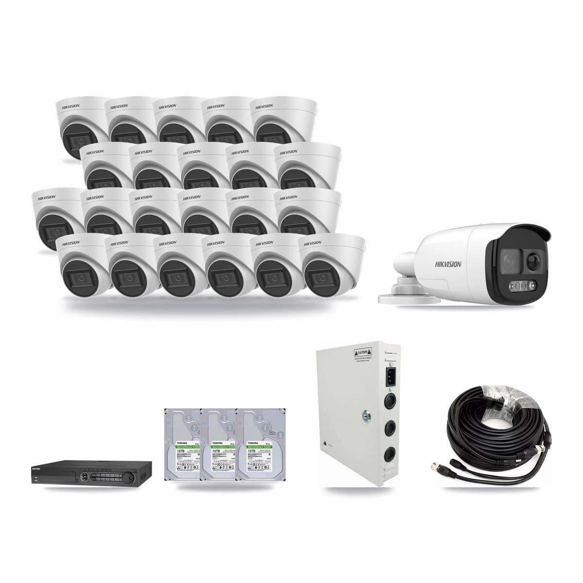 Hikvision 32-channel CCTV kit: 23 cameras (22× 5MP Turret + 1× 5MP Bullet), 3× 10TB hard drive