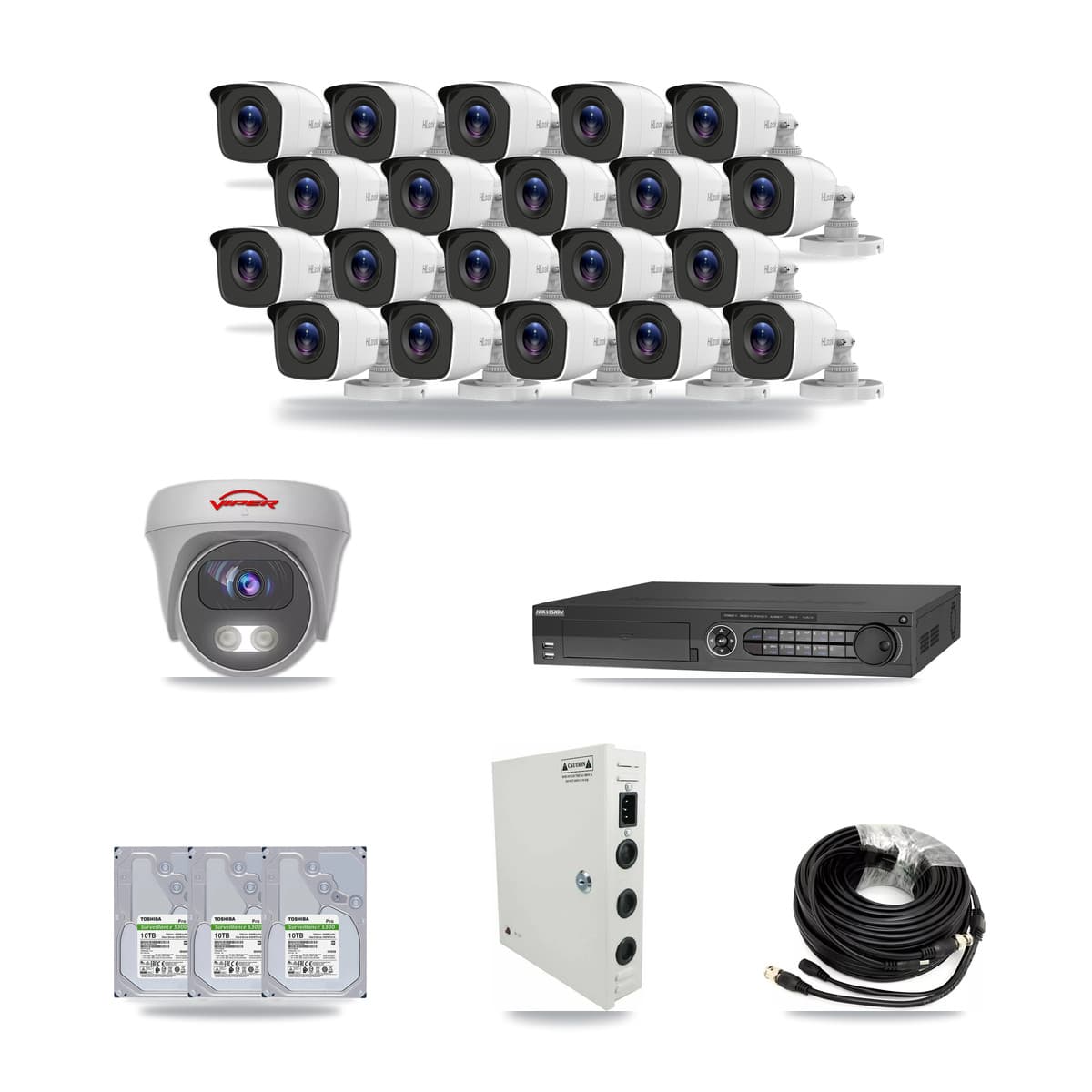 32-Channel 4MP – 5MP CCTV Kit — 20 4MP Bullet + 1 White 5MP Cameras + 3× 10TB Recording (DS-7332HQHI Recorder) - Image 1