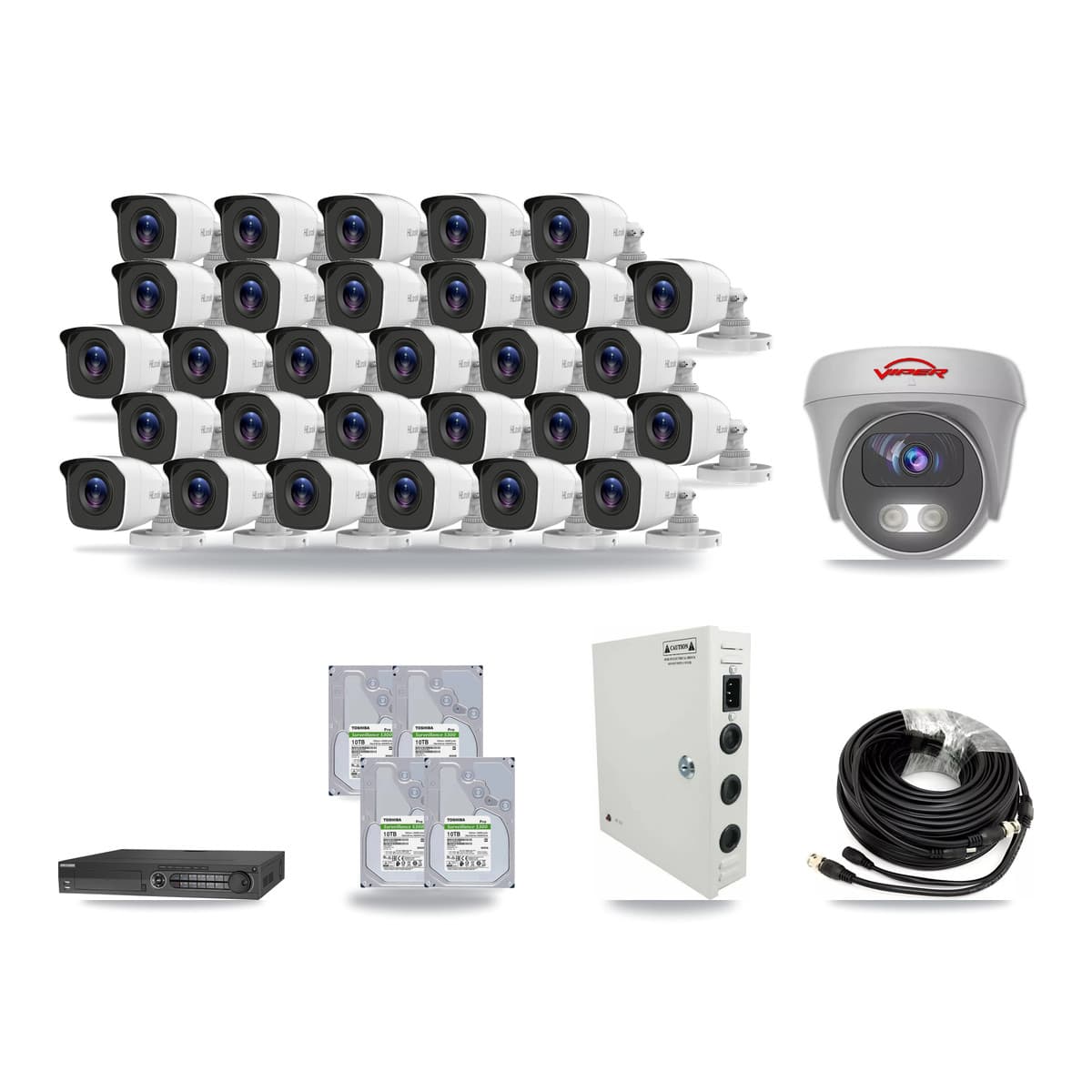 32-Channel 4MP – 5MP CCTV Kit — 29 4MP Bullet + 1 White 5MP Cameras + 4× 10TB Recording (DS-7332HQHI Recorder) - Image 1