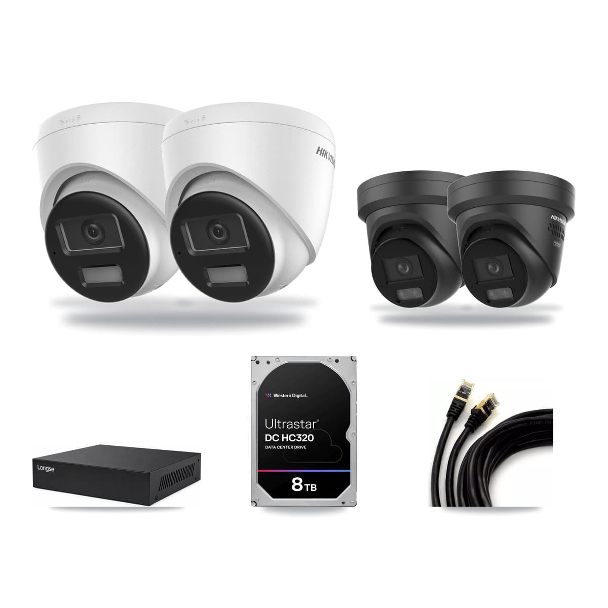 Hikvision & Longse 8-Channel 4K CCTV Kit — 2 DS-2CD1383G2 + 2 DS-2CD2387G3 Turret Cameras + 8TB Recording - Image 1