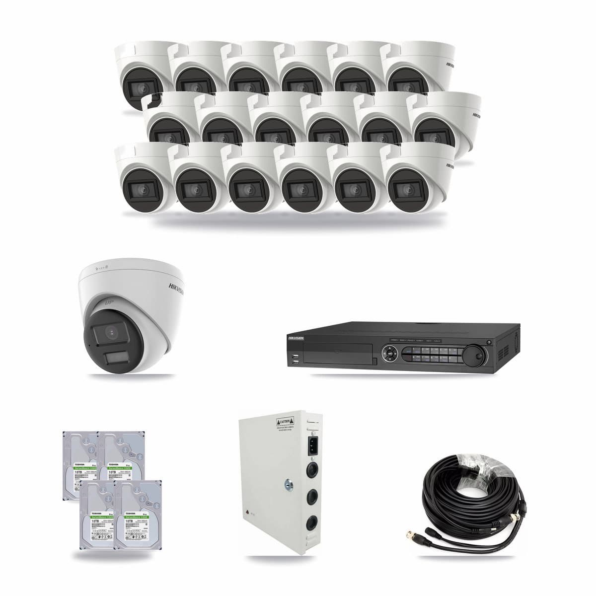 Hikvision 32-channel CCTV kit: 19 cameras (18× 4K Turret DS-2CE78U1T + 1× 4K Turret DS-2CE78U0T), 4× 10TB hard drive
