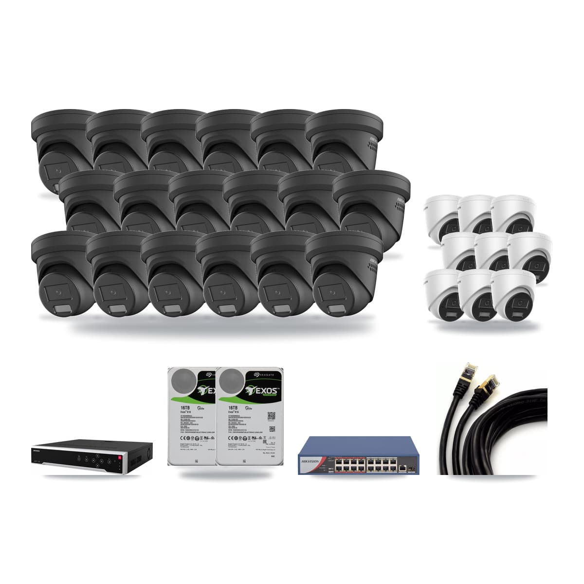 Hikvision 32-Channel 4MP CCTV Kit — 9 DS-2CD1343G2 + 18 DS-2CD2347G2 Turret Cameras + 2× 16TB Recording - Image 1