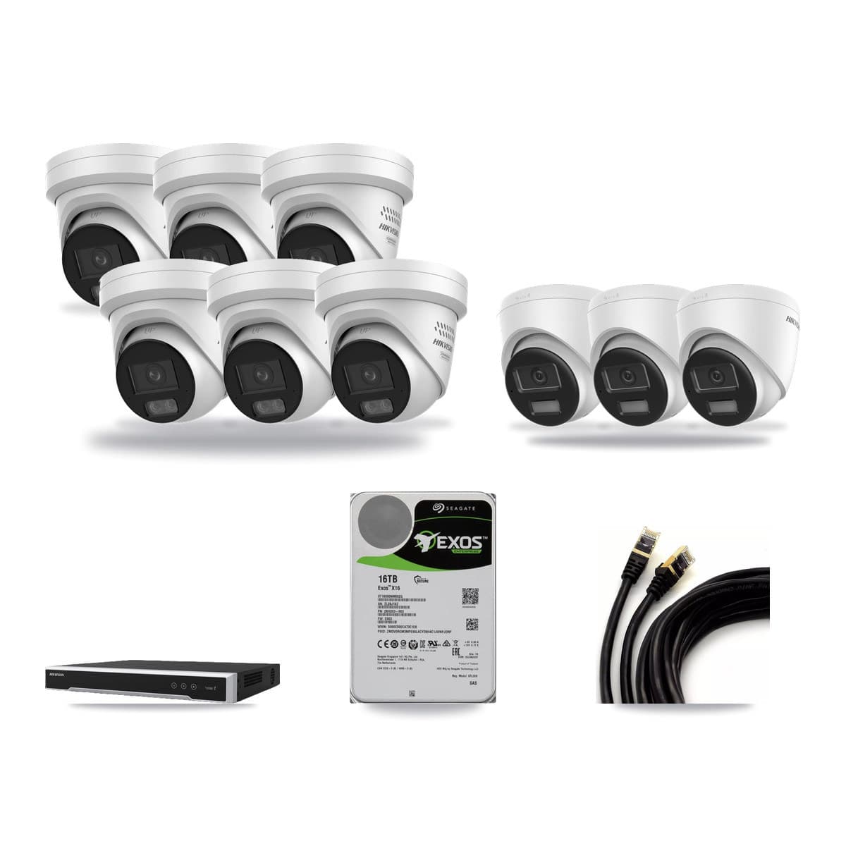 Hikvision 16-channel CCTV kit: 9 cameras (6× 4MP Turret + 3× 4K Turret), 16TB hard drive