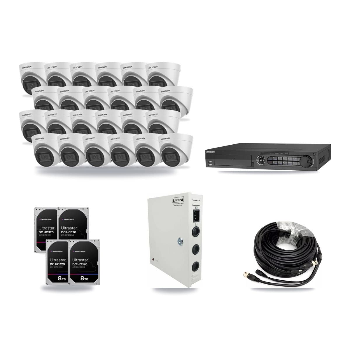 Hikvision 32-channel CCTV kit: 24 cameras (24× 5MP Turret), 4× 8TB hard drive