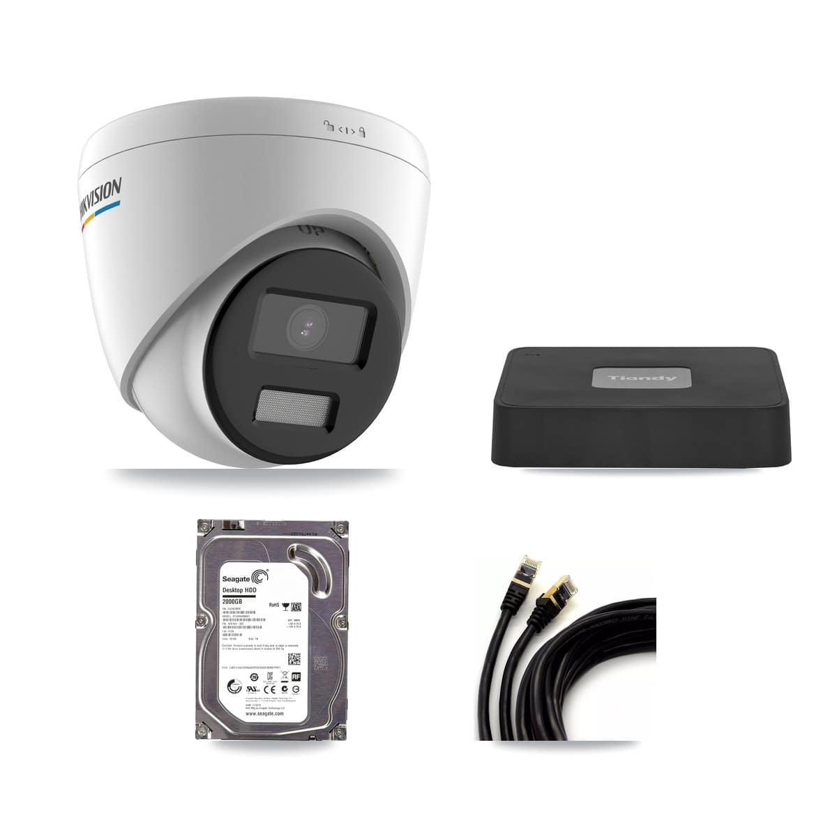 Tiandy 4-channel CCTV kit: 2 cameras (1× 2MP Turret + 1× 5MP Dome), 2TB hard drive