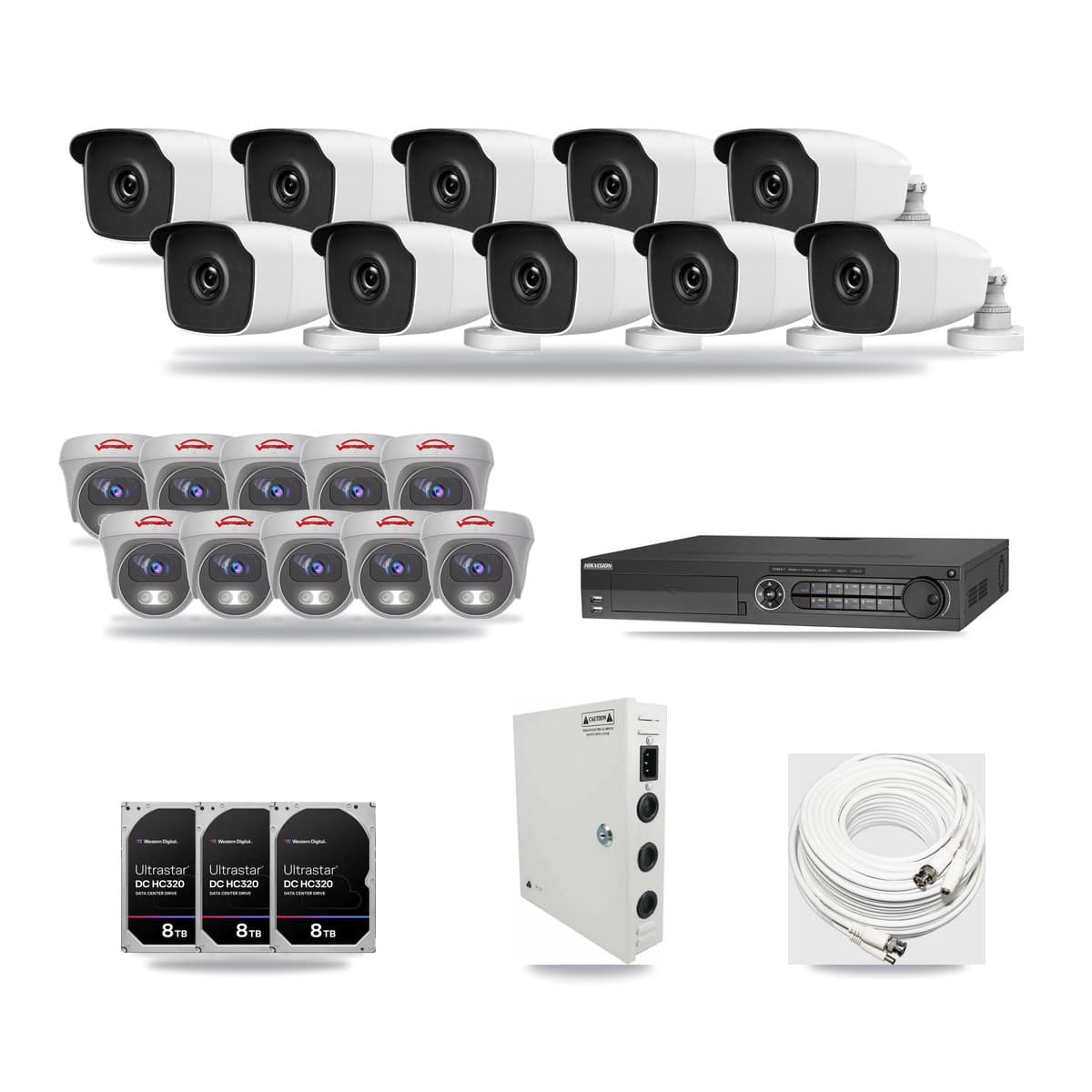 32-Channel 3MP – 5MP CCTV Kit — 10 3MP Bullet + 10 5MP Cameras + 3× 8TB Recording - Image 1