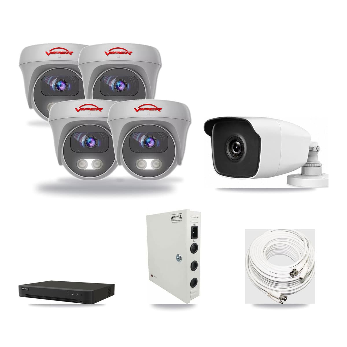 8-Channel 3MP – 5MP CCTV Kit — 1 THC-B230-R 3MP Bullet + 4 White VIPER-5MP-3K-AOC-WHITE-2.8MM 5MP Cameras + 6TB Recording (IDS-7208HUHI-M1/XT Recorder) - Image 1