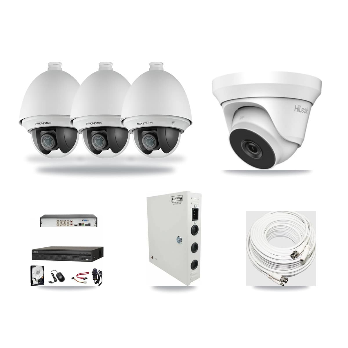 8-Channel 2MP – 4MP CCTV Kit — 3 Hikvision DS-2AE4225T-A 2MP PTZ + 1 HiLook THC-T240-M-R 4MP Turret Cameras + 3TB Recording (XVR-3108AD-4K Recorder) - Image 1