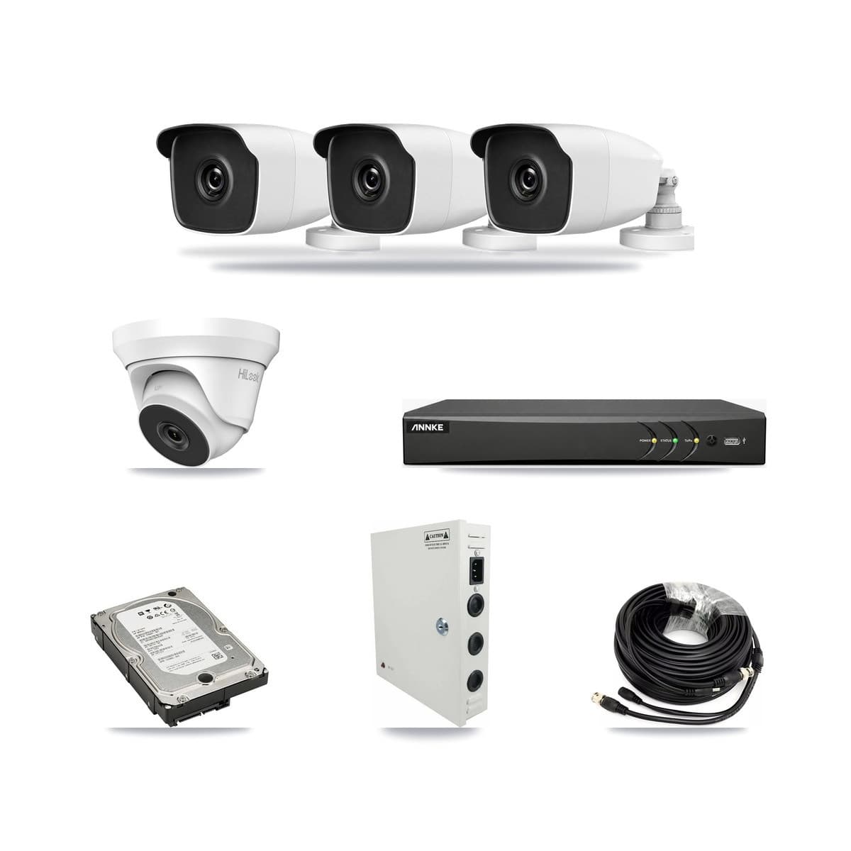 HiLook & ANNKE 4-Channel 3MP – 5MP CCTV Kit — 3 3MP Bullet + 1 5MP Turret Cameras + 5TB Recording - Image 1