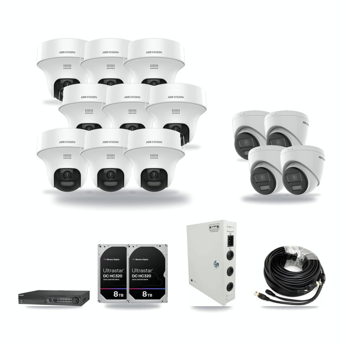Hikvision 32-channel CCTV kit: 13 cameras (9× 5MP Turret DS-2CE70K0T + 4× 5MP Turret DS-2CE78K0T), 2× 8TB hard drive