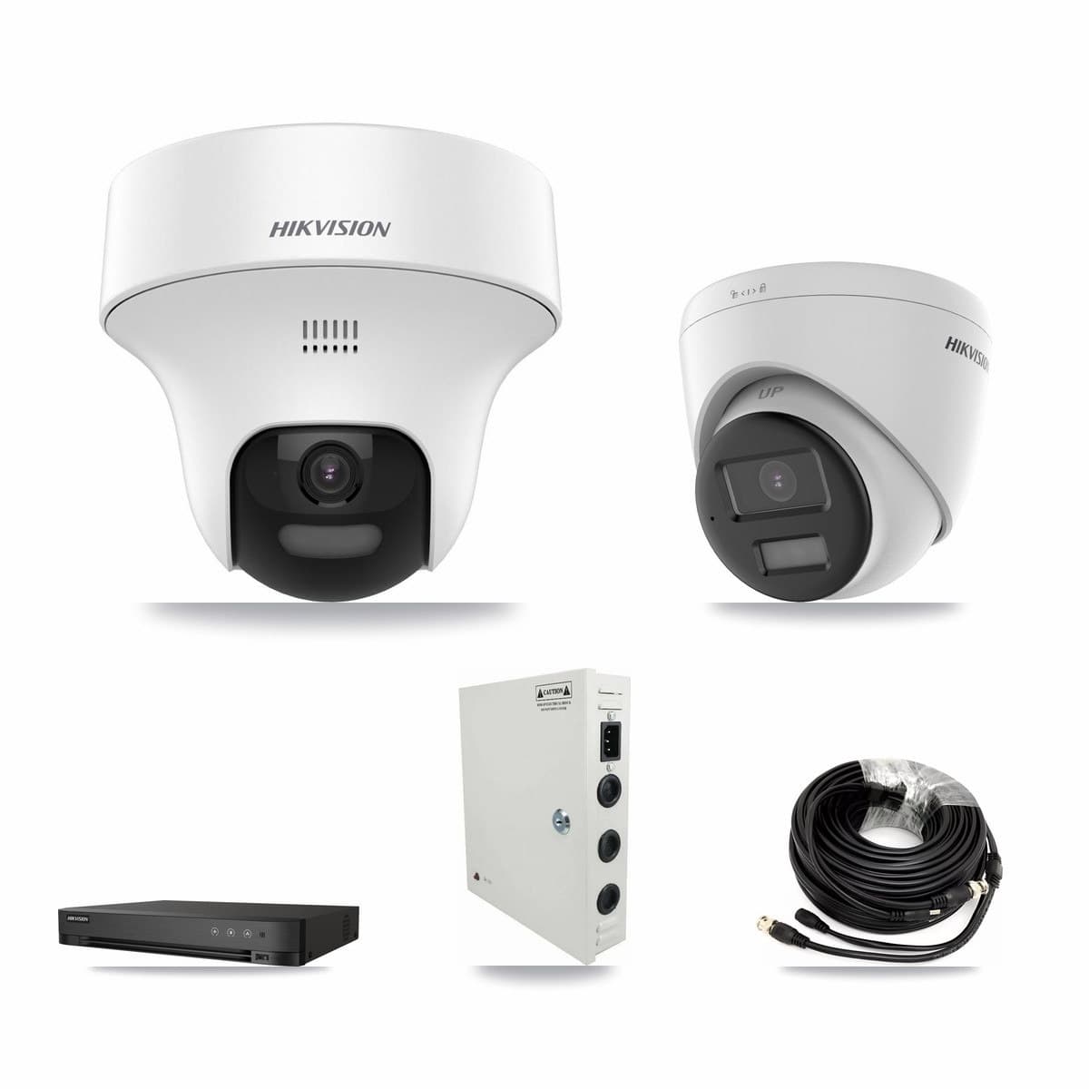 Hikvision 4-channel CCTV kit: 2 cameras (1× 5MP Turret DS-2CE70K0T + 1× 5MP Turret DS-2CE78K0T), 3TB hard drive