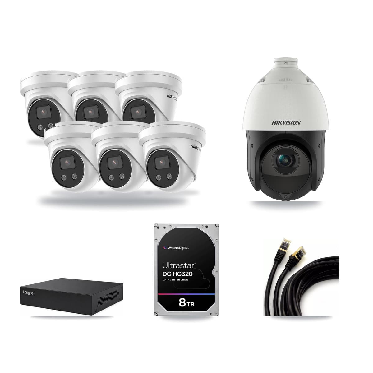 Hikvision & Longse 8-Channel 4MP – 5MP CCTV Kit — 6 5MP Turret + 1 4MP PTZ Cameras + 8TB Recording - Image 1