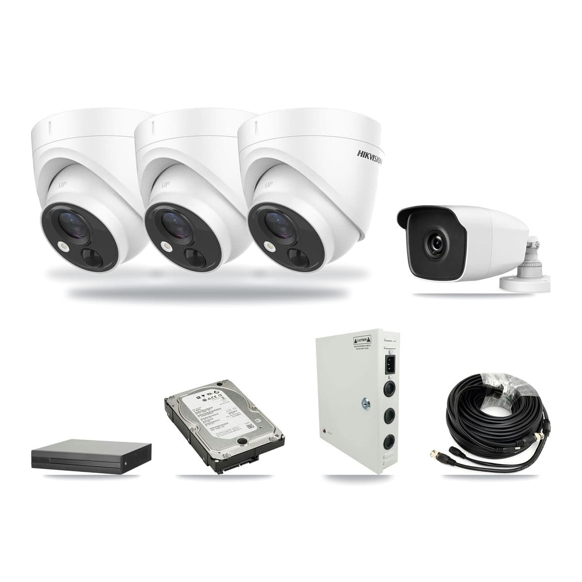 4-channel CCTV kit: 4 cameras (3× 5MP Turret + 1× 3MP Bullet), 5TB hard drive