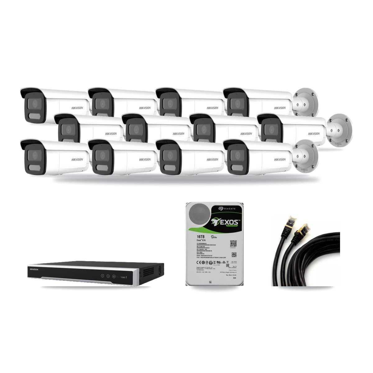 Hikvision 16-channel CCTV kit: 12 cameras (11× 4MP Bullet + 1× 4K Bullet), 16TB hard drive