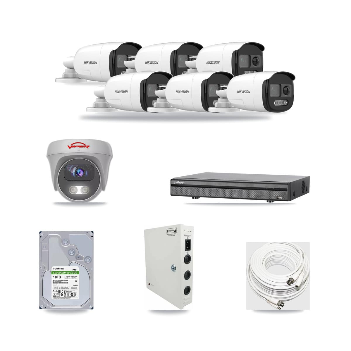 8-Channel 5MP CCTV Kit — 6 DS-2CE12KF3T Bullet + 1 White VIPER-5MP-3K Cameras + 10TB Recording (DH-XVR5108H Recorder) - Image 1