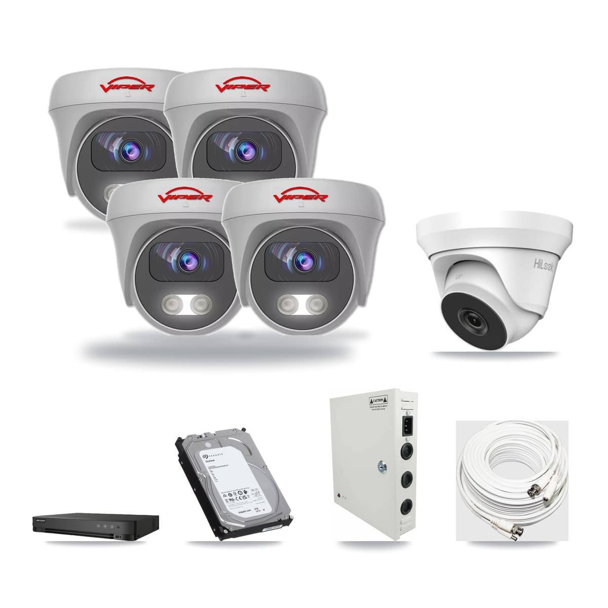8-Channel 4MP – 5MP CCTV Kit — 1 THC-T240-M-R 4MP Turret + 4 White VIPER-5MP-3K-AOC-WHITE-2.8MM 5MP Cameras + 6TB Recording (IDS-7208HUHI-M1/E Recorder) - Image 1