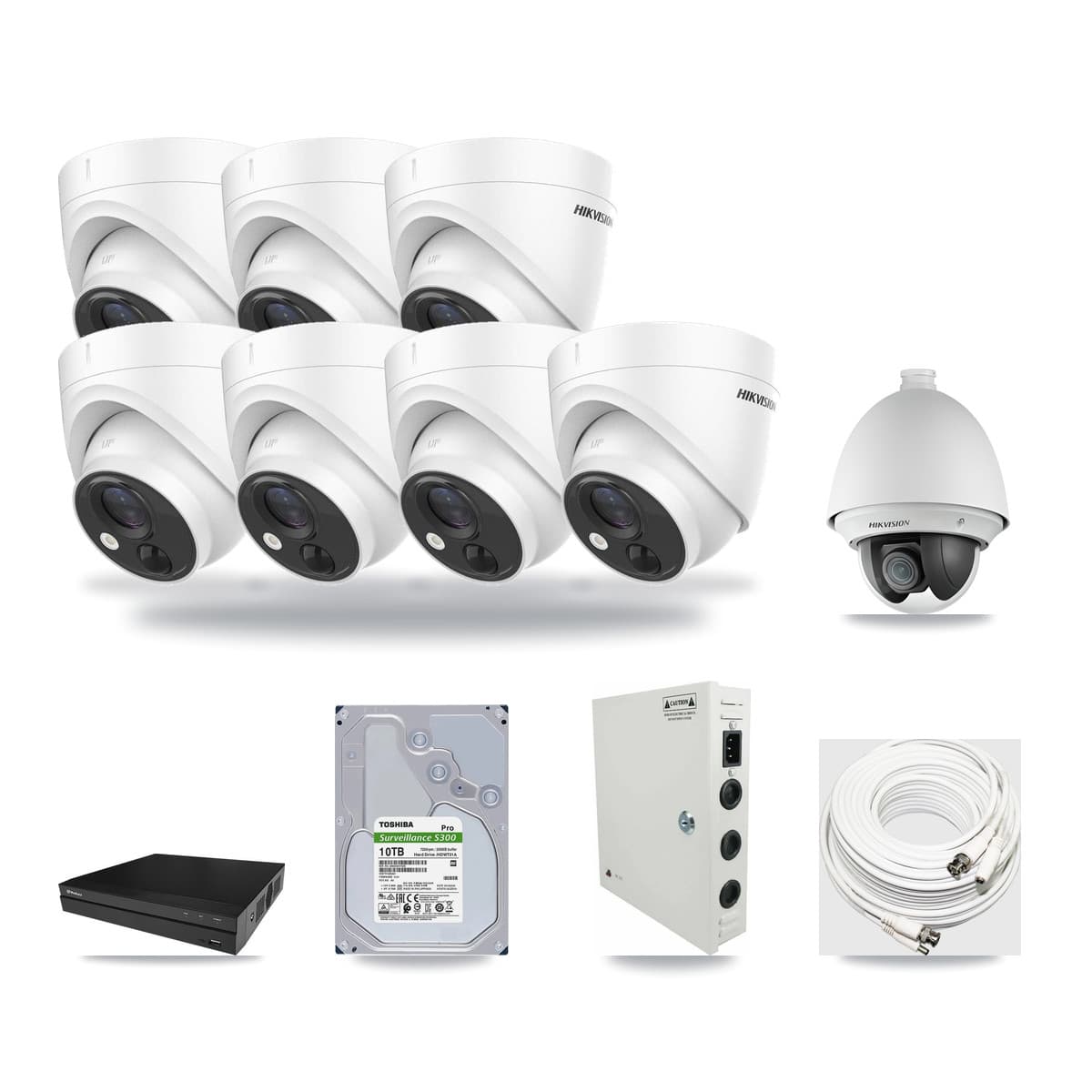 Prolux 8-channel CCTV kit: 8 cameras (7× 5MP Turret + 1× 2MP PTZ), 10TB hard drive