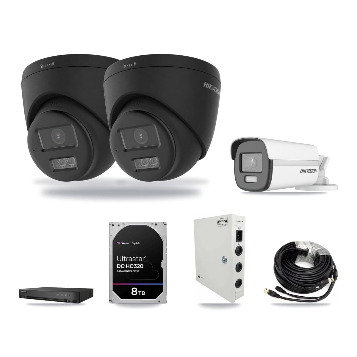 Hikvision 4-channel CCTV kit: 3 cameras (2× 4K Turret + 1× 4K Bullet), 8TB hard drive