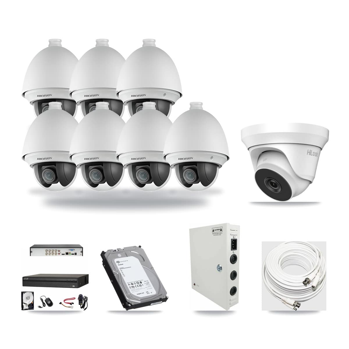 8-Channel 2MP – 4MP CCTV Kit — 7 Hikvision DS-2AE4225T-A 2MP PTZ + 1 HiLook THC-T240-M-R 4MP Turret Cameras + 6TB Recording (XVR-3108AD-4K Recorder) - Image 1