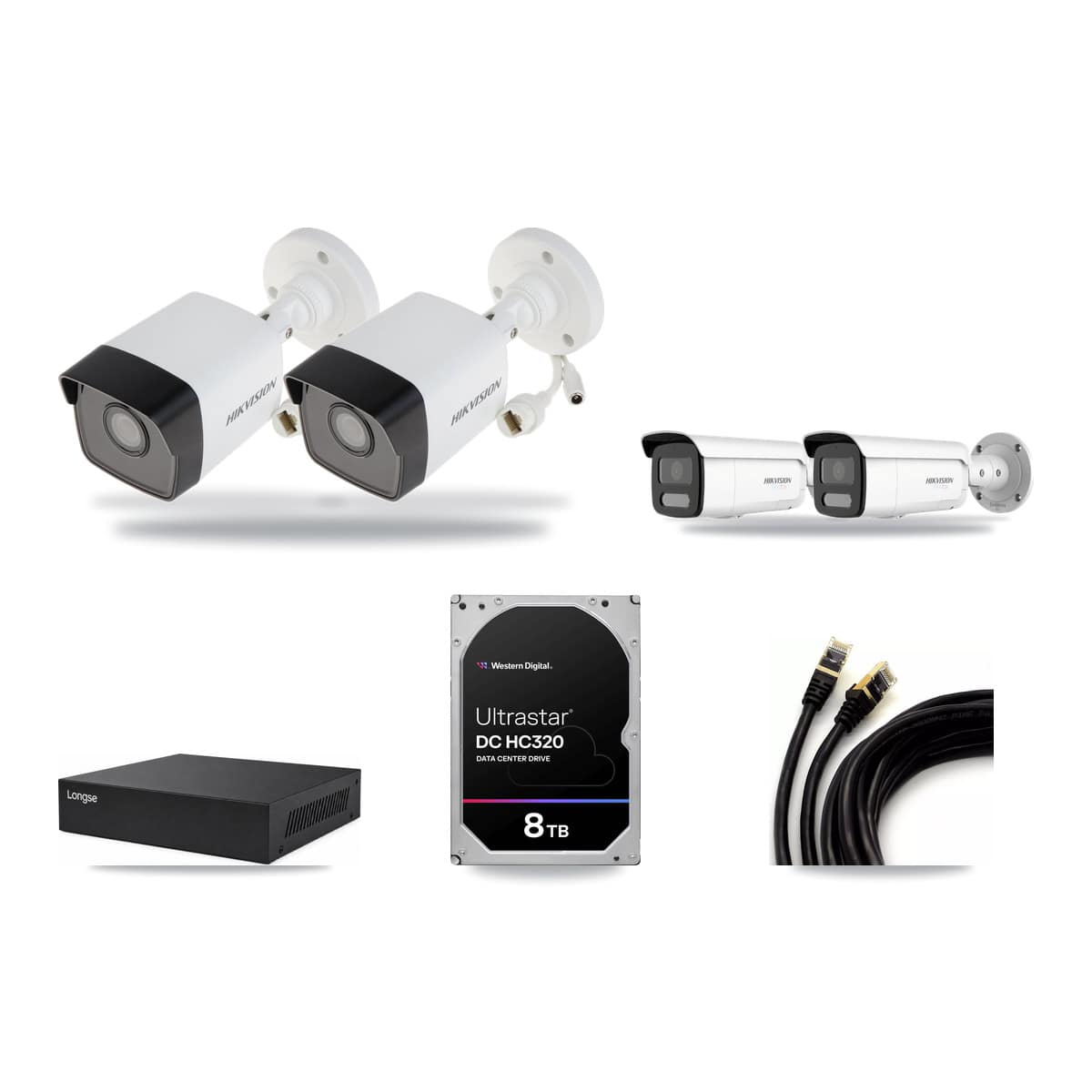 Longse 8-channel CCTV kit: 4 cameras (2× 5MP Bullet + 2× 4K Bullet), 8TB hard drive