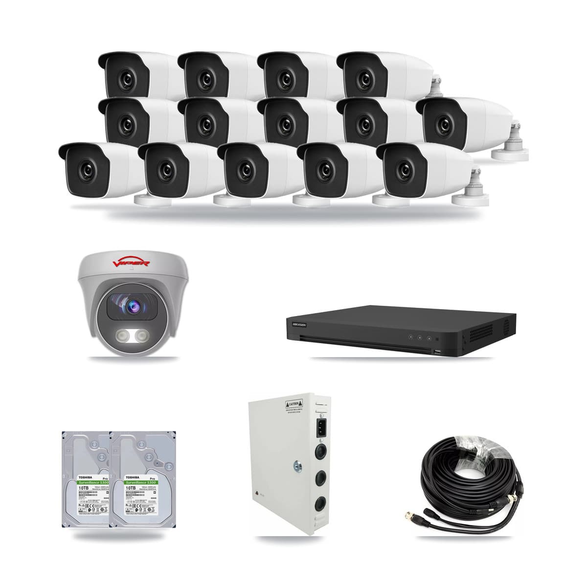 16-Channel 3MP – 5MP CCTV Kit — 14 3MP Bullet + 1 5MP Cameras + 2× 10TB Recording - Image 1