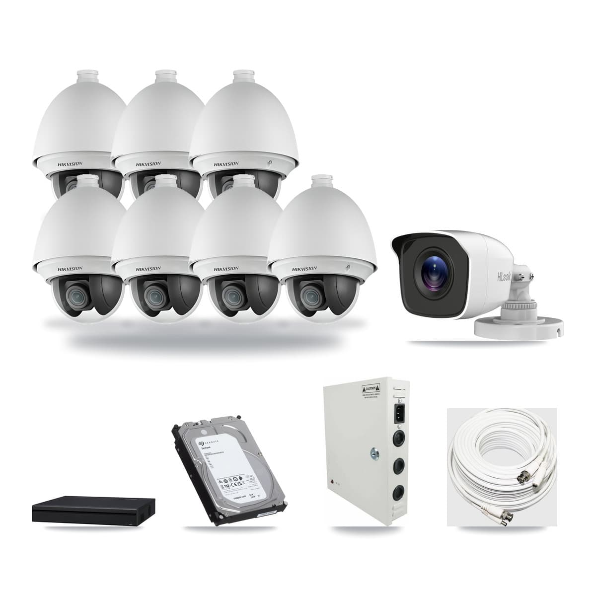 8-channel CCTV kit: 8 cameras (7× 2MP PTZ + 1× 4MP Bullet), 6TB hard drive