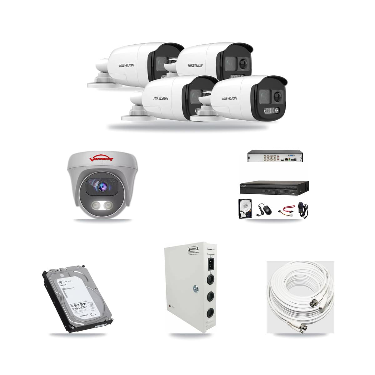 8-Channel 5MP CCTV Kit — 4 Hikvision DS-2CE12KF3T Bullet + 1 Viper White VIPER-5MP-3K Cameras + 6TB Recording (XVR-3108AD Recorder) - Image 1