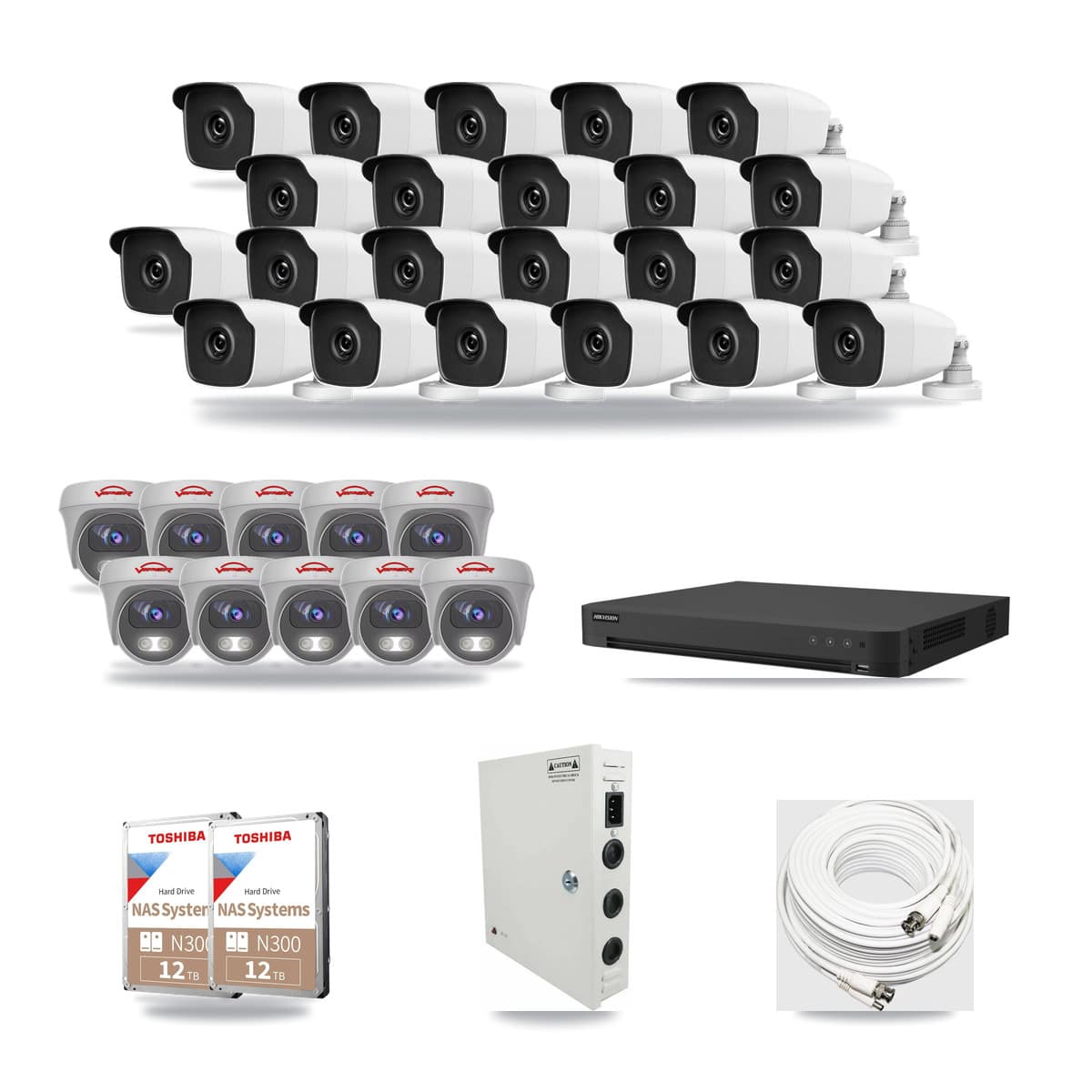 32-Channel 3MP – 5MP CCTV Kit — 22 3MP Bullet + 10 5MP Cameras + 2× 12TB Recording - Image 1
