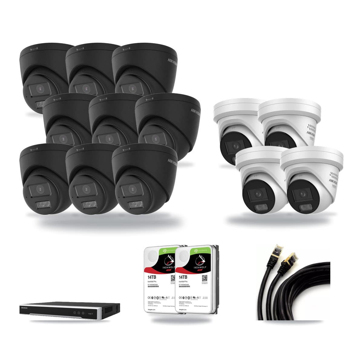 Hikvision 16-channel CCTV kit: 13 cameras (9× 4K Turret + 4× 4MP Turret), 2× 14TB hard drive