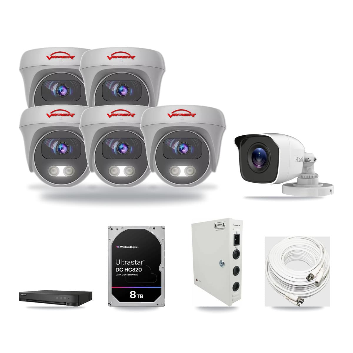 8-Channel 4MP – 5MP CCTV Kit — 1 THC-B140-R 4MP Bullet + 5 White VIPER-5MP-3K-AOC-WHITE-2.8MM 5MP Cameras + 8TB Recording (IDS-7208HUHI-M1/E Recorder) - Image 1