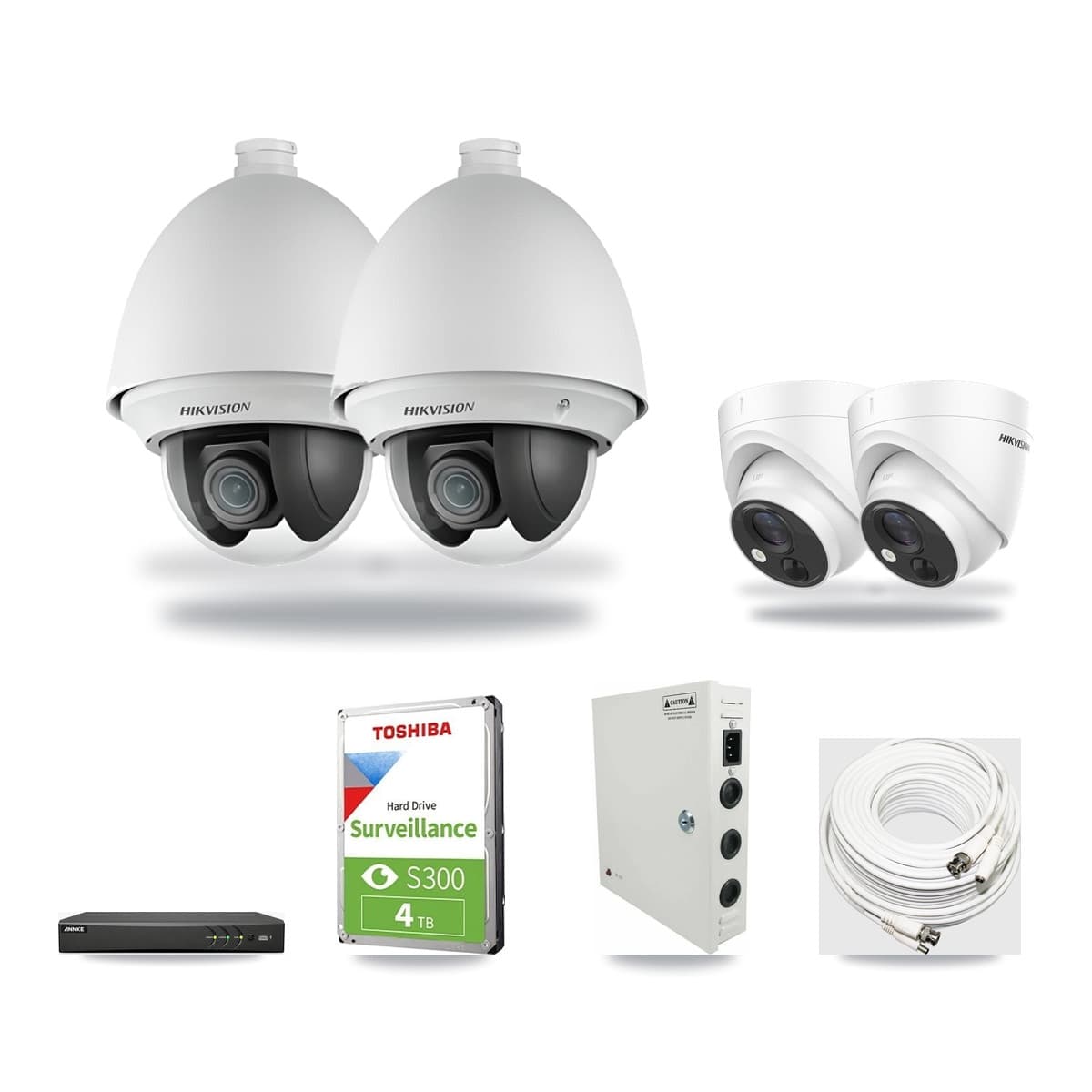 Hikvision & ANNKE 4-Channel 2MP – 5MP CCTV Kit — 2 DS-2AE4225T 2MP PTZ + 2 DS-2CE71H0T 5MP Turret Cameras + 4TB Recording - Image 1