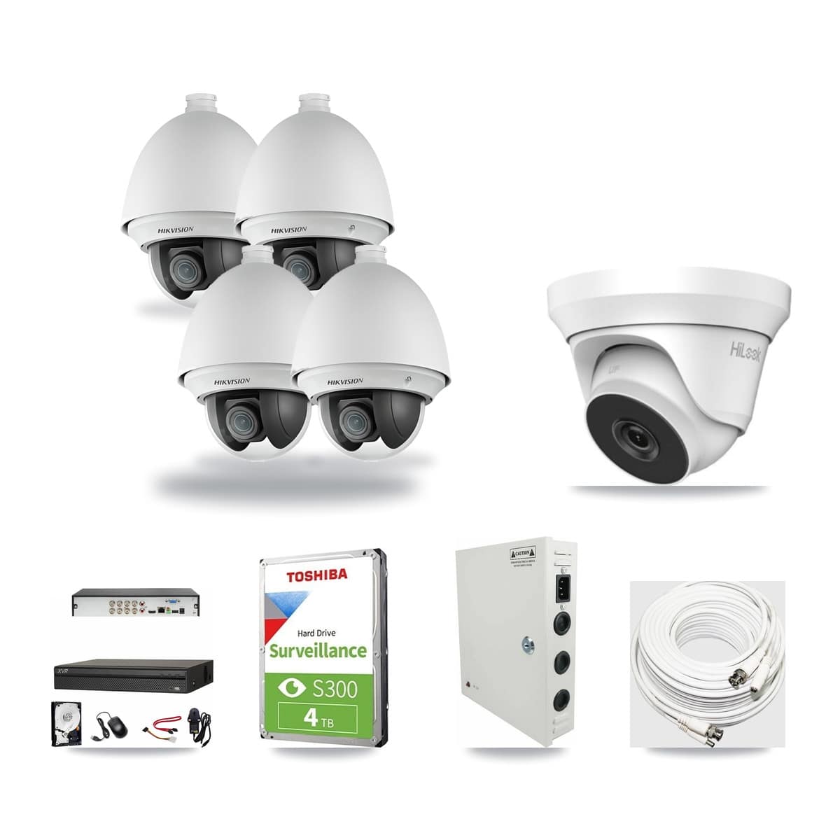 8-Channel 2MP – 4MP CCTV Kit — 4 Hikvision DS-2AE4225T-A 2MP PTZ + 1 HiLook THC-T240-M-R 4MP Turret Cameras + 4TB Recording (XVR-3108AD-4K Recorder) - Image 1