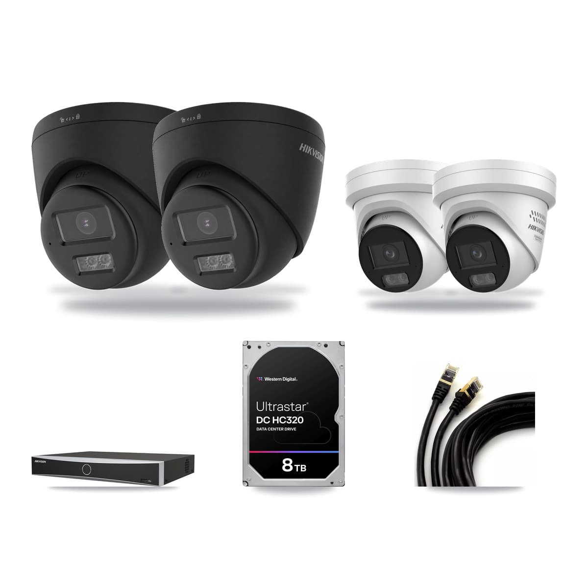 Hikvision 4-channel CCTV kit: 4 cameras (2× 4K Turret + 2× 4MP Turret), 8TB hard drive